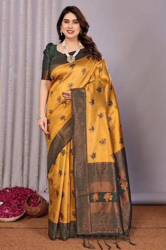 yellow green  soft art silk blend banarasi jacuard work designer party wear saree with unstitched blouse piece