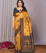 yellow green  soft art silk blend banarasi jacuard work designer party wear saree with unstitched blouse piece