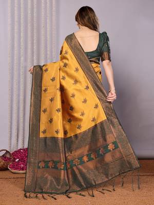 yellow green silk blend banarasi saree with unstitched blouse piece 2