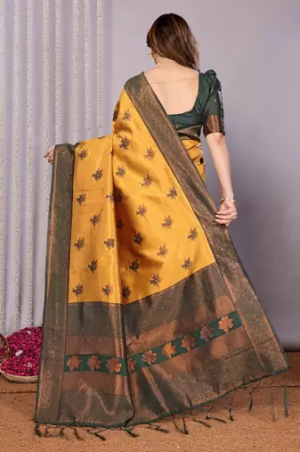 yellow green silk blend banarasi saree with unstitched blouse piece