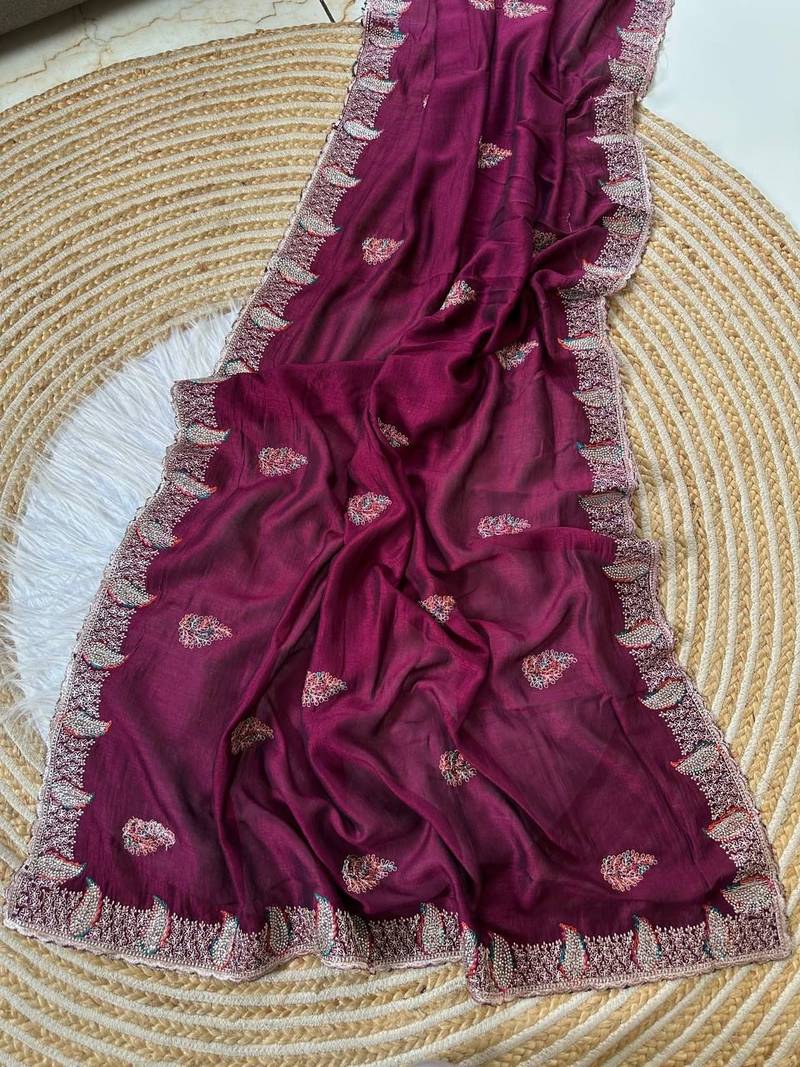Wine Color Designer Flowy Silk Saree