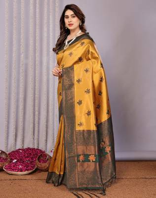 yellow green silk blend banarasi saree with unstitched blouse piece 3