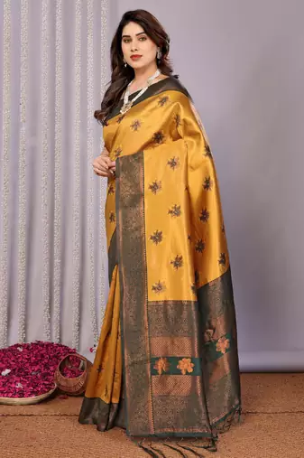 yellow green silk blend banarasi saree with unstitched blouse piece