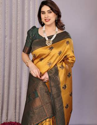 yellow green silk blend banarasi saree with unstitched blouse piece 4