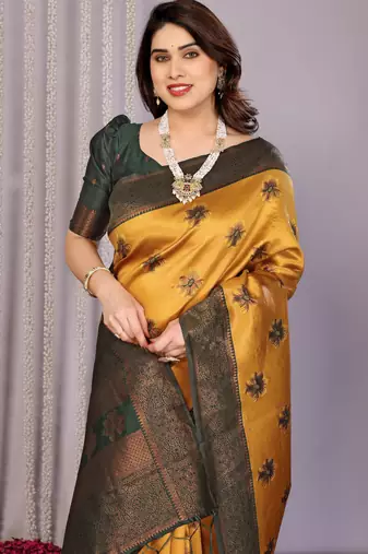 yellow green silk blend banarasi saree with unstitched blouse piece