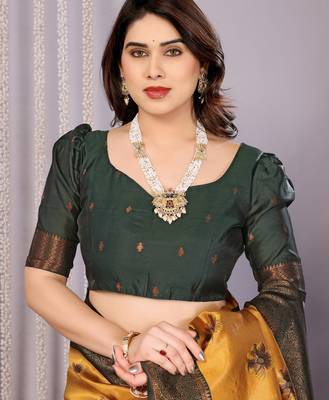 yellow green silk blend banarasi saree with unstitched blouse piece 5