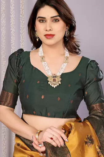 yellow green silk blend banarasi saree with unstitched blouse piece
