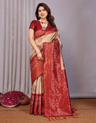 cream maroon silk blend banarasi saree with unstitched blouse piece 1