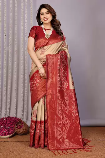 cream maroon   soft art silk blend banarasi jacuard work designer party wear saree with unstitched blouse piece