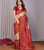 cream maroon   soft art silk blend banarasi jacuard work designer party wear saree with unstitched blouse piece