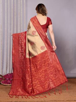 cream maroon silk blend banarasi saree with unstitched blouse piece 2