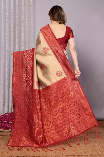 cream maroon silk blend banarasi saree with unstitched blouse piece