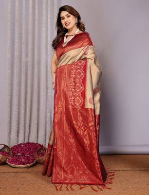 cream maroon silk blend banarasi saree with unstitched blouse piece 3