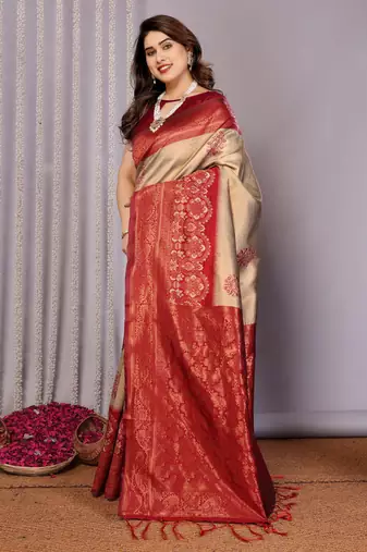 cream maroon silk blend banarasi saree with unstitched blouse piece