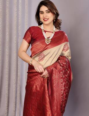 cream maroon silk blend banarasi saree with unstitched blouse piece 4