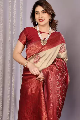 cream maroon silk blend banarasi saree with unstitched blouse piece