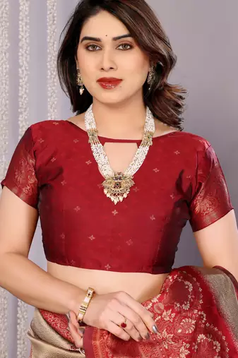 cream maroon silk blend banarasi saree with unstitched blouse piece
