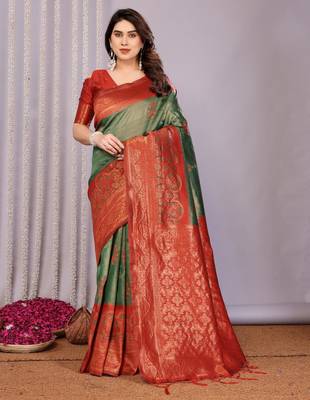 green maroon silk blend banarasi saree with unstitched blouse piece 1