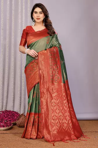 green maroon  soft art silk blend banarasi jacuard work designer party wear saree with unstitched blouse piece