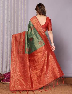 green maroon silk blend banarasi saree with unstitched blouse piece 2