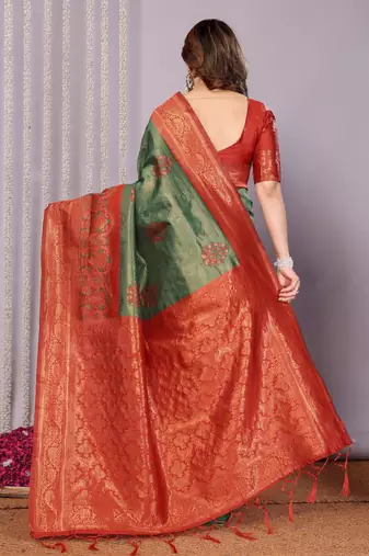 green maroon silk blend banarasi saree with unstitched blouse piece