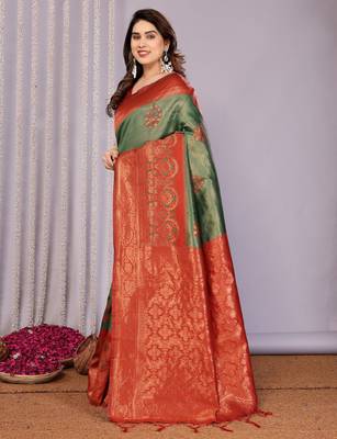 green maroon silk blend banarasi saree with unstitched blouse piece 3