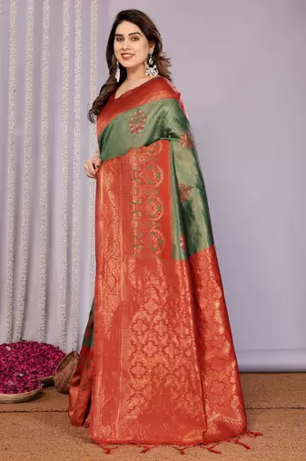 green maroon silk blend banarasi saree with unstitched blouse piece