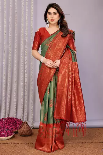 green maroon silk blend banarasi saree with unstitched blouse piece