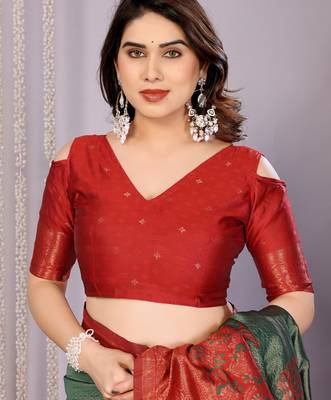 green maroon silk blend banarasi saree with unstitched blouse piece 5