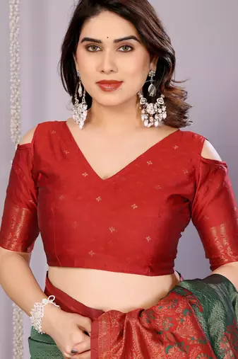 green maroon silk blend banarasi saree with unstitched blouse piece