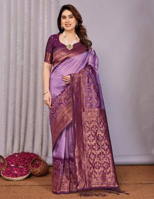 lavender wine silk blend banarasi saree with unstitched blouse piece 1