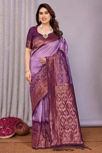 lavender wine  soft art silk blend banarasi jacuard work designer party wear saree with unstitched blouse piece