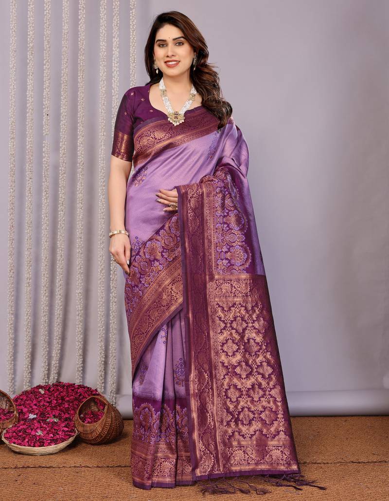 lavender wine  soft art silk blend banarasi jacuard work designer party wear saree with unstitched blouse piece