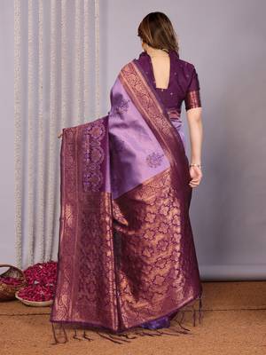 lavender wine silk blend banarasi saree with unstitched blouse piece 2