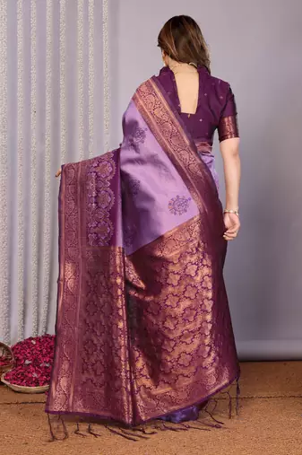 lavender wine silk blend banarasi saree with unstitched blouse piece