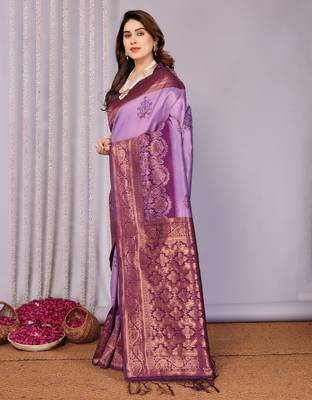 lavender wine silk blend banarasi saree with unstitched blouse piece 3