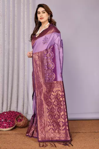 lavender wine silk blend banarasi saree with unstitched blouse piece