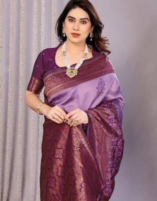 lavender wine silk blend banarasi saree with unstitched blouse piece 4