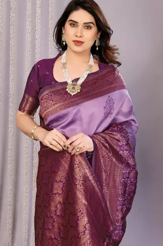 lavender wine silk blend banarasi saree with unstitched blouse piece