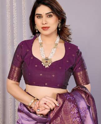 lavender wine silk blend banarasi saree with unstitched blouse piece 5