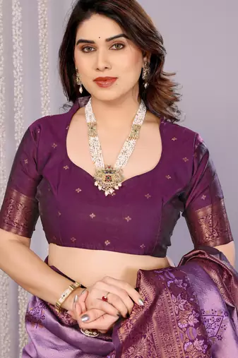 lavender wine silk blend banarasi saree with unstitched blouse piece