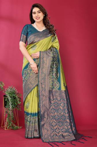 lemon morpich  soft art silk blend banarasi jacuard work designer party wear saree with unstitched blouse piece