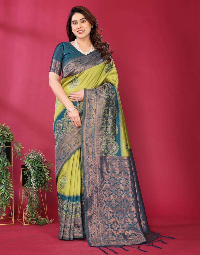 lemon morpich  soft art silk blend banarasi jacuard work designer party wear saree with unstitched blouse piece