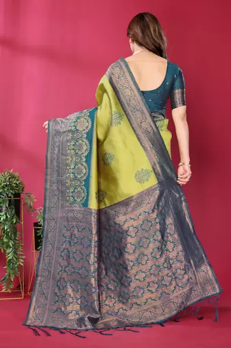 lemon morpich silk blend banarasi saree with unstitched blouse piece