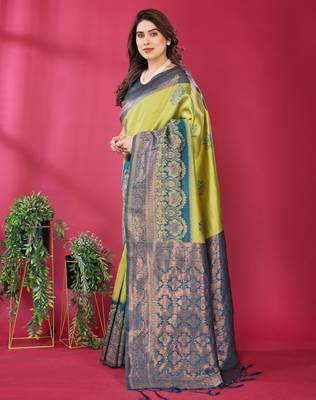lemon morpich silk blend banarasi saree with unstitched blouse piece 3