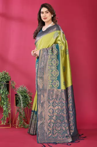 lemon morpich silk blend banarasi saree with unstitched blouse piece
