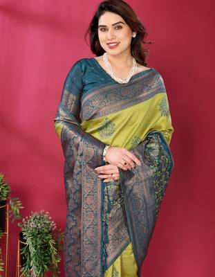 lemon morpich silk blend banarasi saree with unstitched blouse piece 4