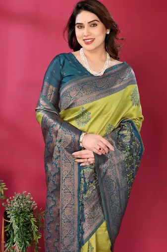 lemon morpich silk blend banarasi saree with unstitched blouse piece