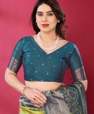 lemon morpich silk blend banarasi saree with unstitched blouse piece 5