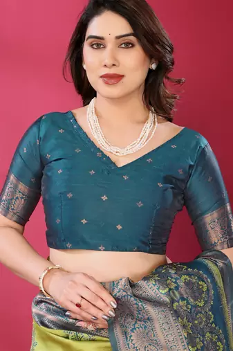 lemon morpich silk blend banarasi saree with unstitched blouse piece